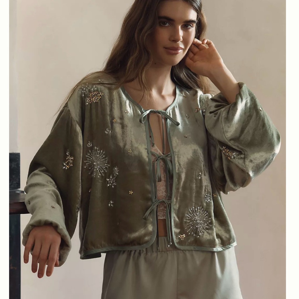 Nwt Anthropologie Lyrebird Beaded Velvet Cropped Jacket
